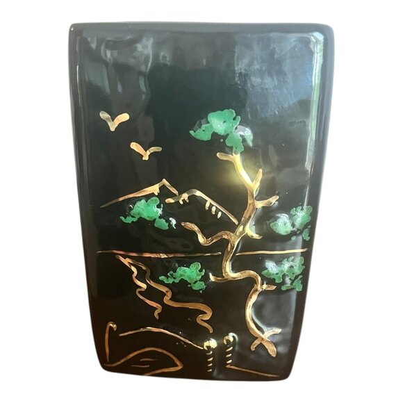 Vtg  Japanese Black Hand-Painted Slab Vase With Gold & Green Tree Design 6X4X2.5 - Picture 1 of 6